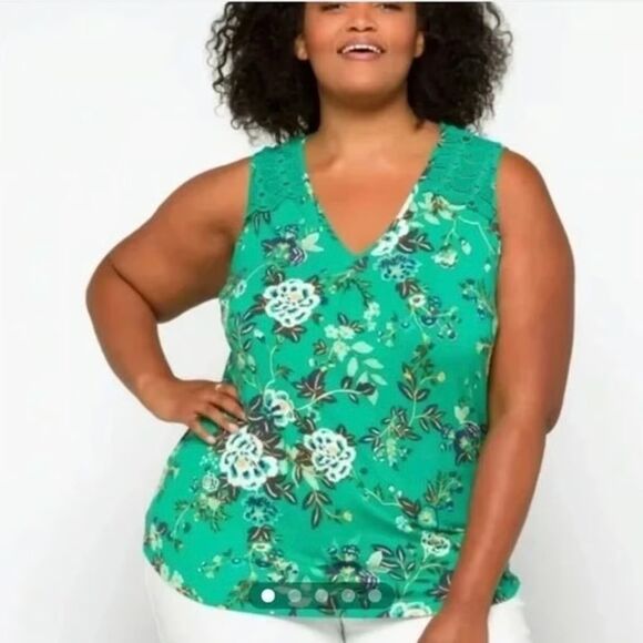 Daniel Rainn Tops - DANIEL RAINN Floral Tunic Plus Sz 1X V-Neck Tank Knit/Lace Stretch Green Top B44